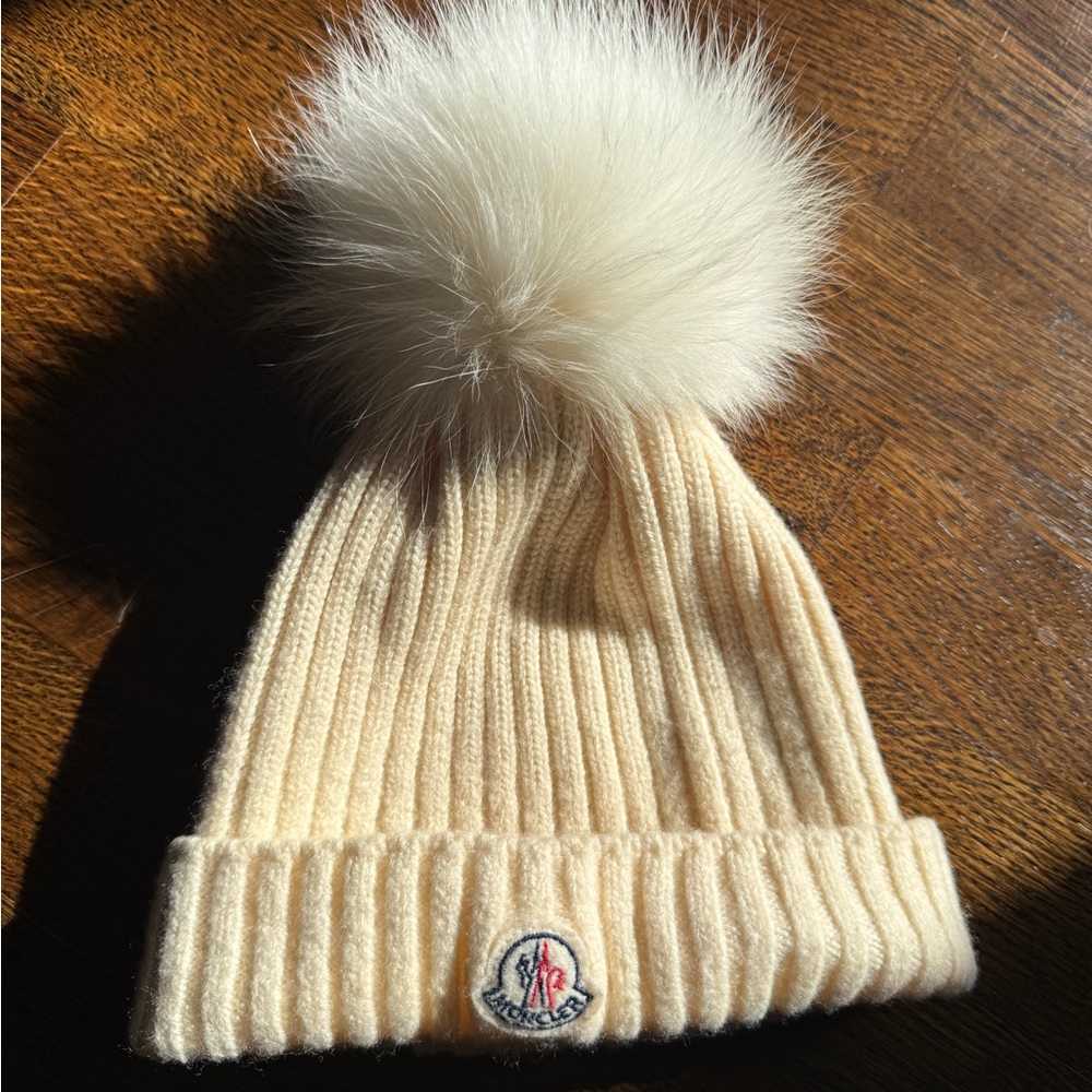 Moncler Kids Cream Knit Beanie with Pom-Pom
